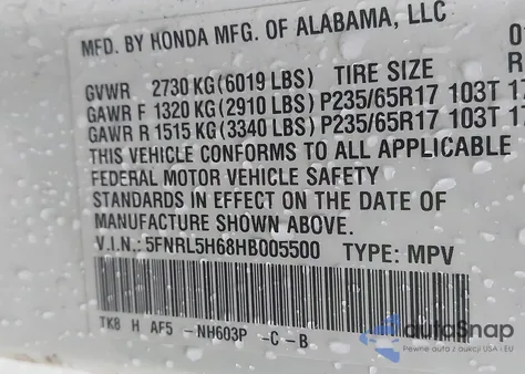 2017 Honda Odyssey Ex-L из США, поврежденный, VIN 5FNRL5H68HB005500